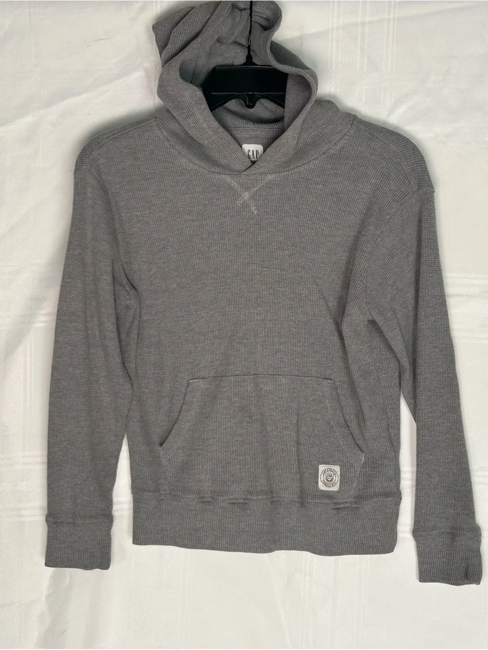 GAP Kids Hoodie in Heather Gray Waffle-Knit Hooded Pullover Size Large